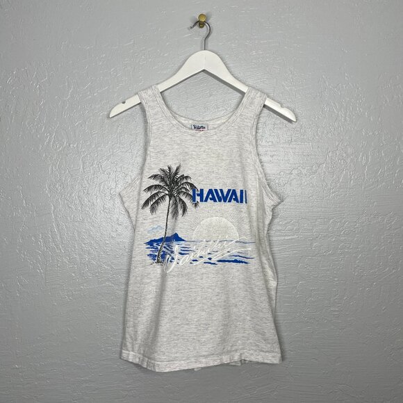 Vintage Unisex M Waikiki Hawaii Tank Light Gray Single Stitch Palm Tree Sunset - Picture 1 of 6